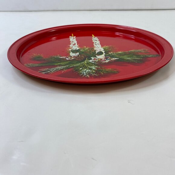 Vintage Christmas Holiday Red Metal Serving Tray Candles Greenery Design 13" - Picture 3 of 4